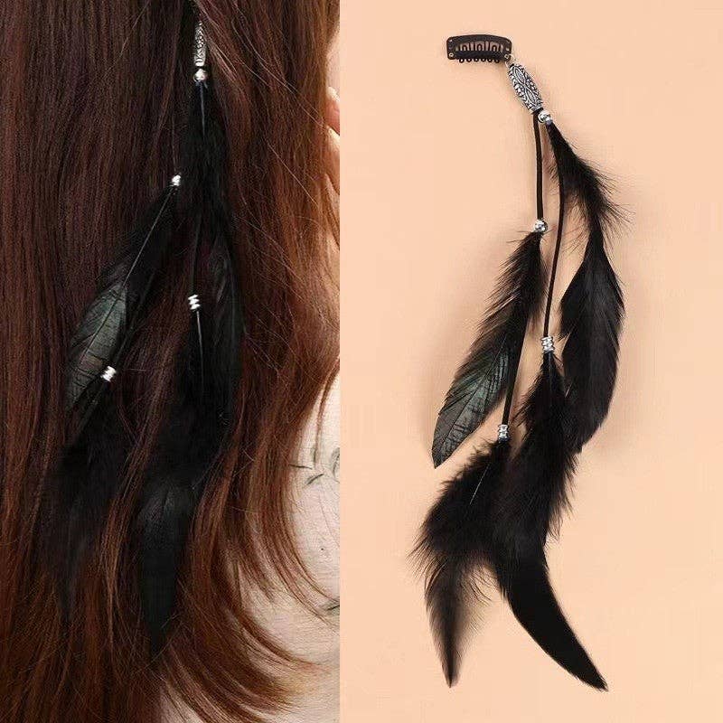 Long Beaded Feather Tassel Hair Clip