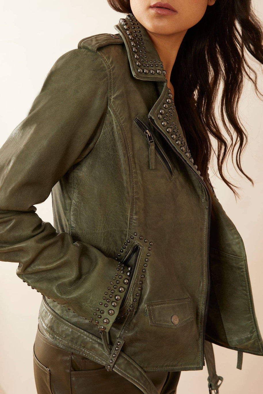 Aansila Green Leather Biker Jacket