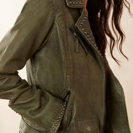 Aansila Green Leather Biker Jacket