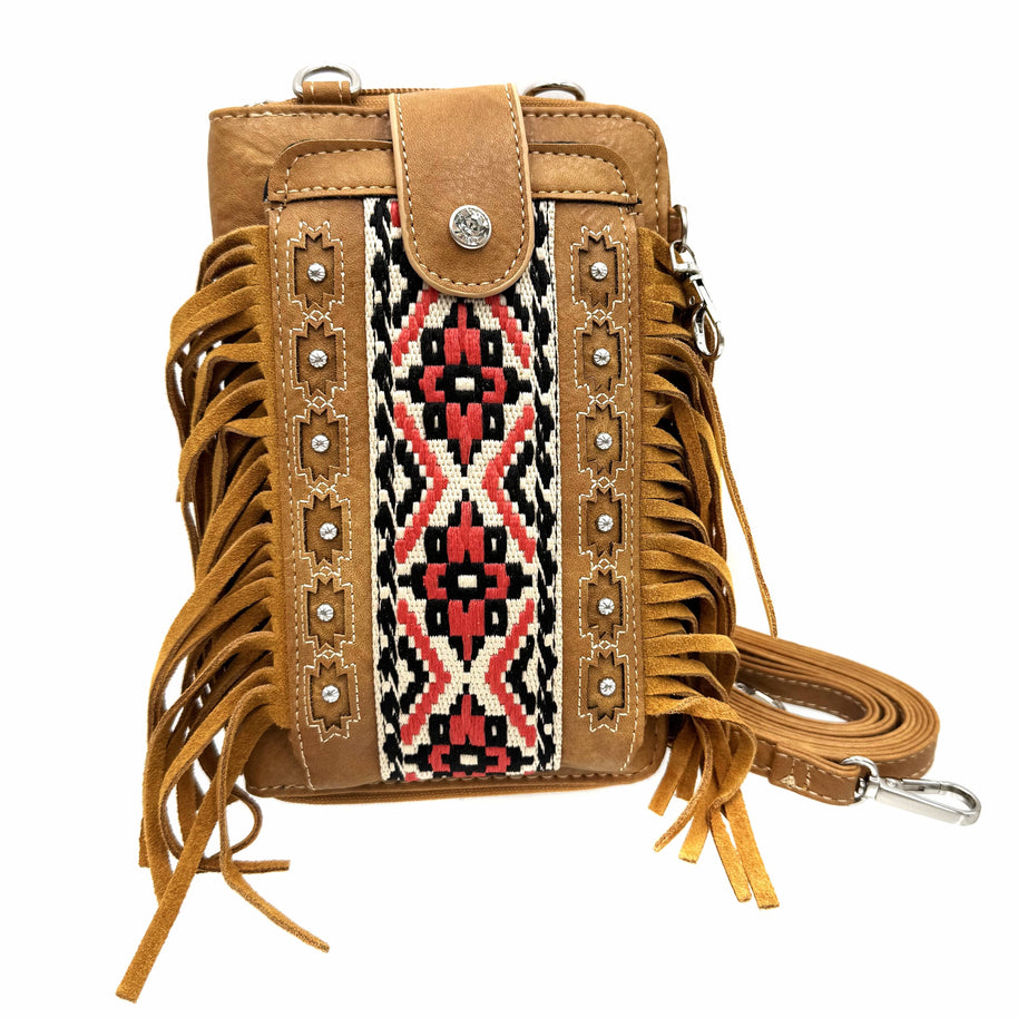 Aztec Tribal Print Fringe Crossbody Western Phone Wallet