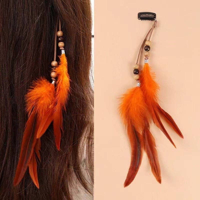 Long Beaded Feather Tassel Hair Clip