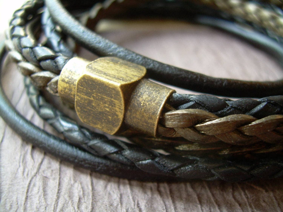 Triple Wrap Leather Bracelet with Antique Brass Magnetic Clasp