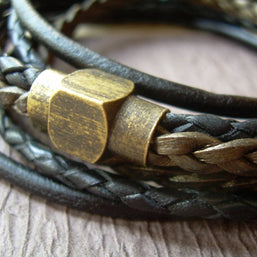Triple Wrap Leather Bracelet with Antique Brass Magnetic Clasp