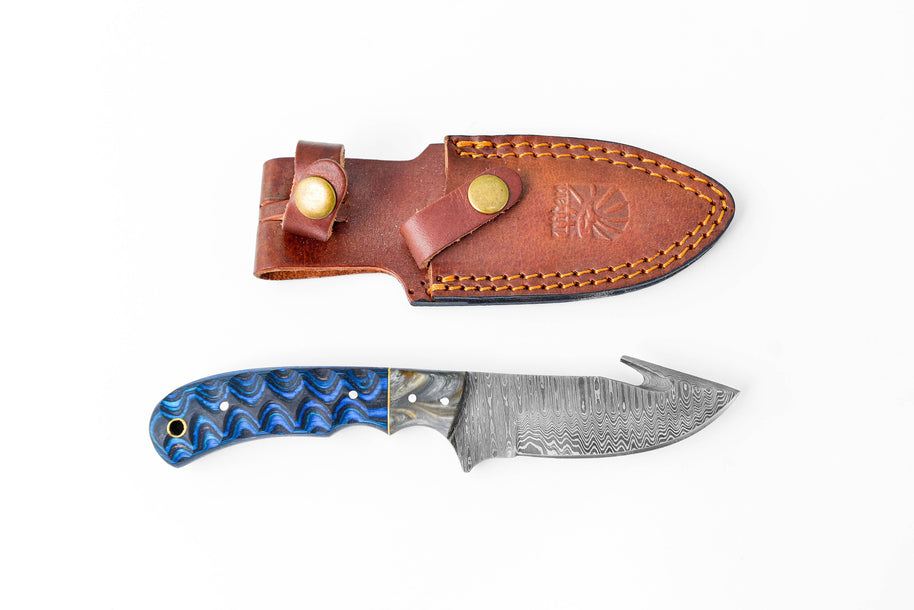 Damascus Steel Gut-hook & Skinning, Blue