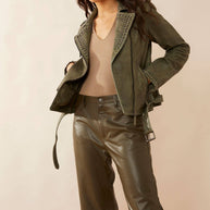 Aansila Green Leather Biker Jacket