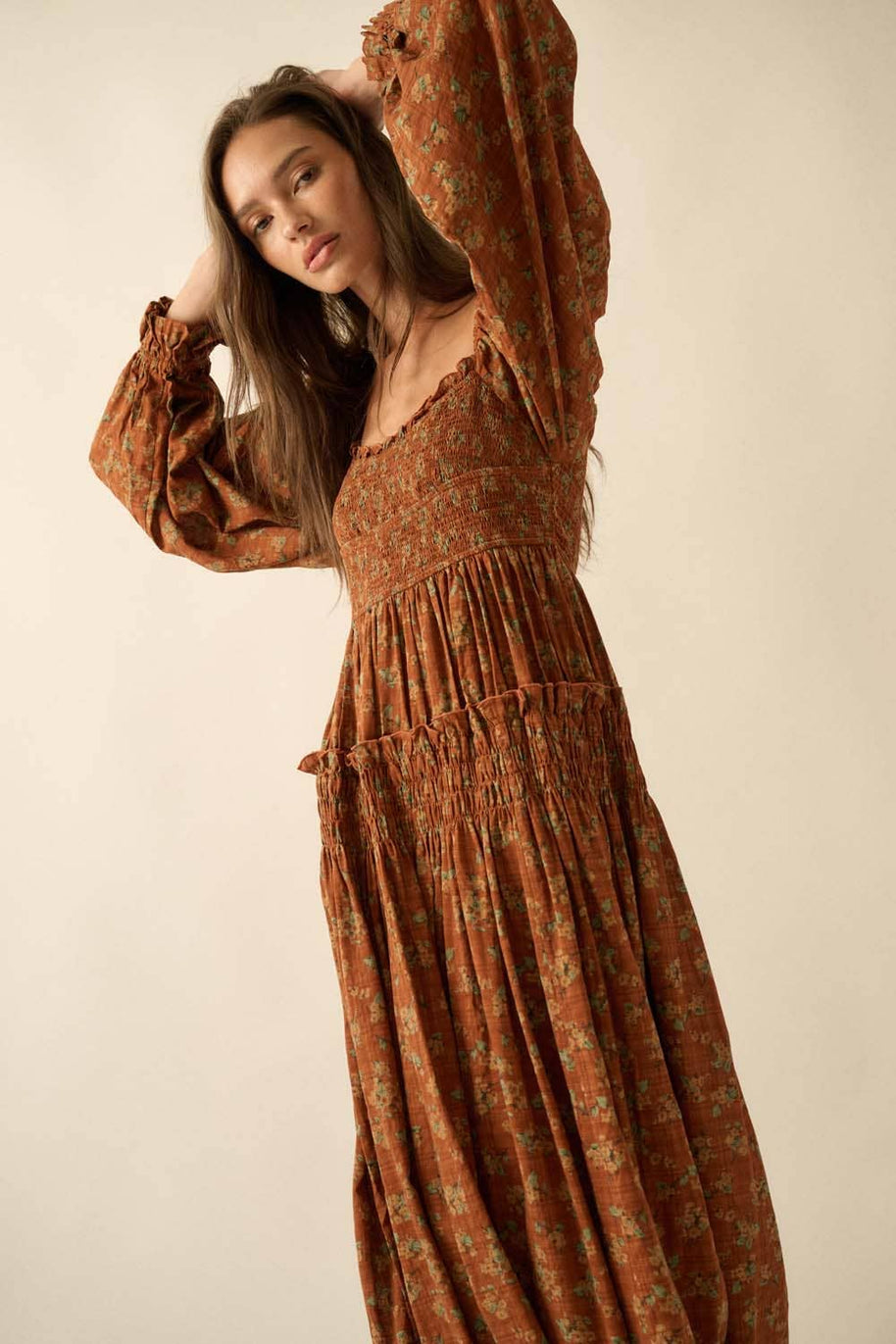 Smocked Floral Bubble-Sleeve Midi Dress, Caramel