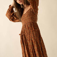 Smocked Floral Bubble-Sleeve Midi Dress, Caramel