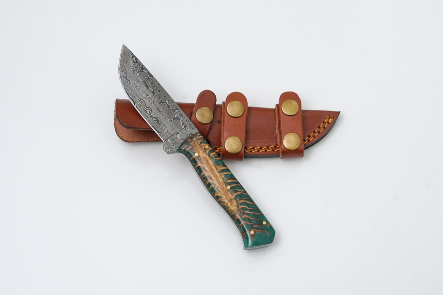 Damascus Steel Fixed Blade Knife with Teal Hybrid Resin–Wood Handle & Brass Pins + Leather Sheath