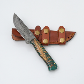 Damascus Steel Fixed Blade Knife with Teal Hybrid Resin–Wood Handle & Brass Pins + Leather Sheath