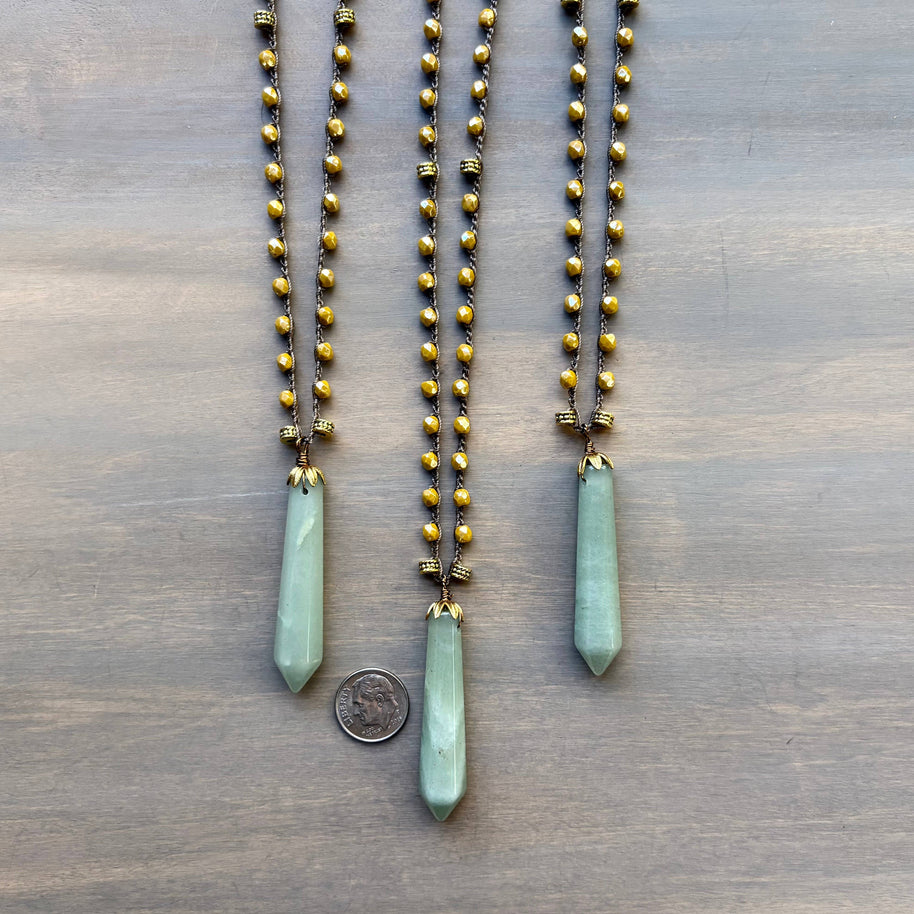 Marigold Czech Crystal Crocheted Necklace with Aventurine Stone Point Pendant