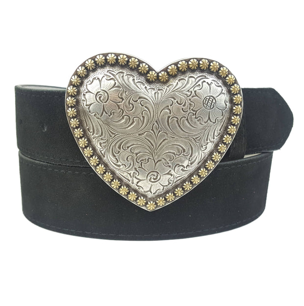 Western Heart Buckle with Black Suede Belt