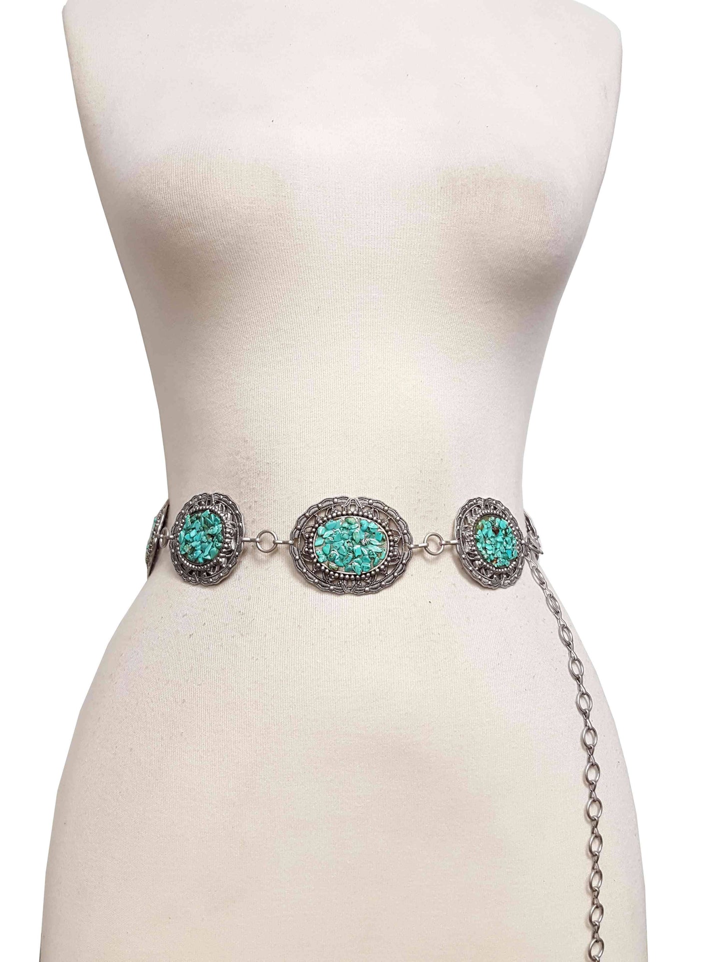 Western Style concho Silver Chain belt with chip stones