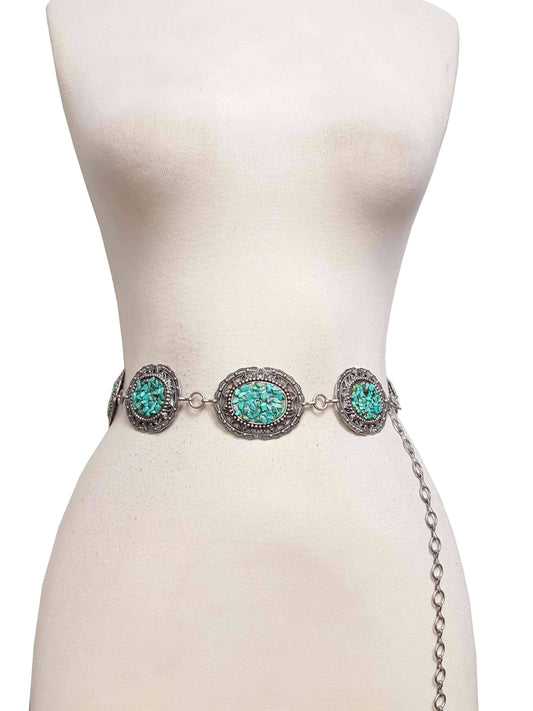 Western Style concho Silver Chain belt with chip stones