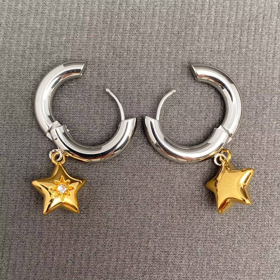 CZ Inlaid Star 18K GP S. Steel Huggie Earrings