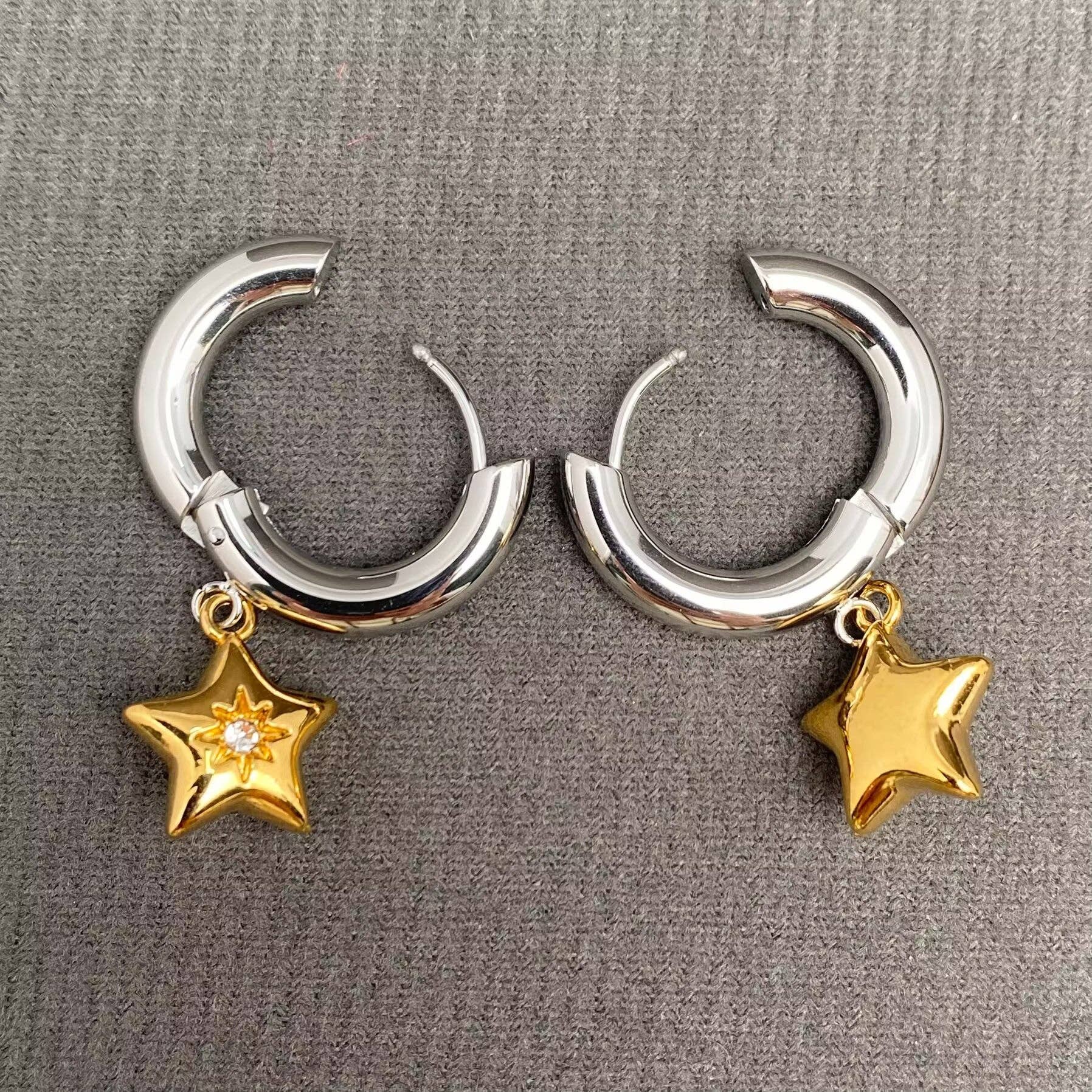 CZ Inlaid Star 18K GP S. Steel Huggie Earrings