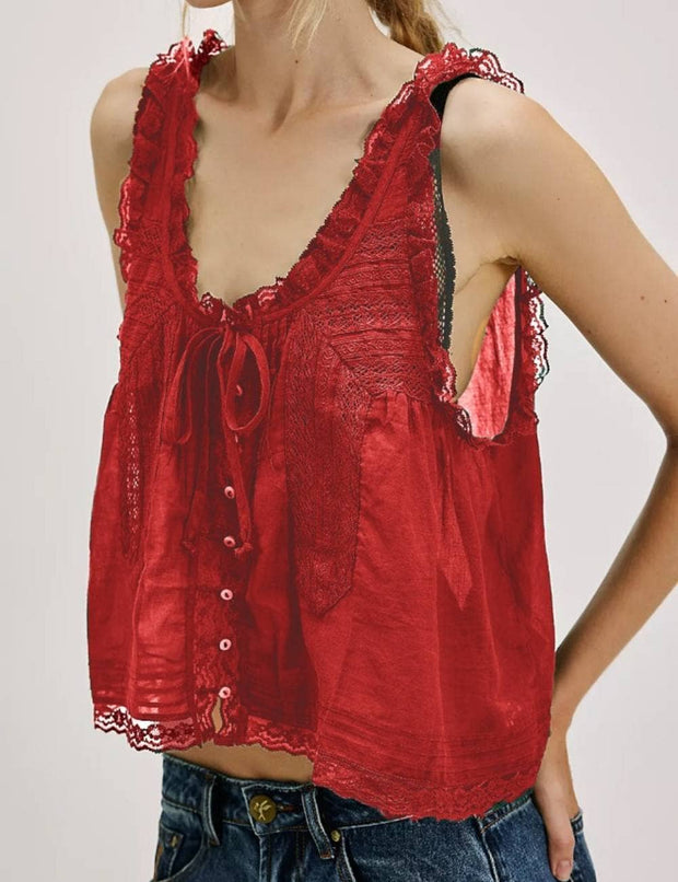 V-Neck String Tie Lace Cami Top, Several Colors