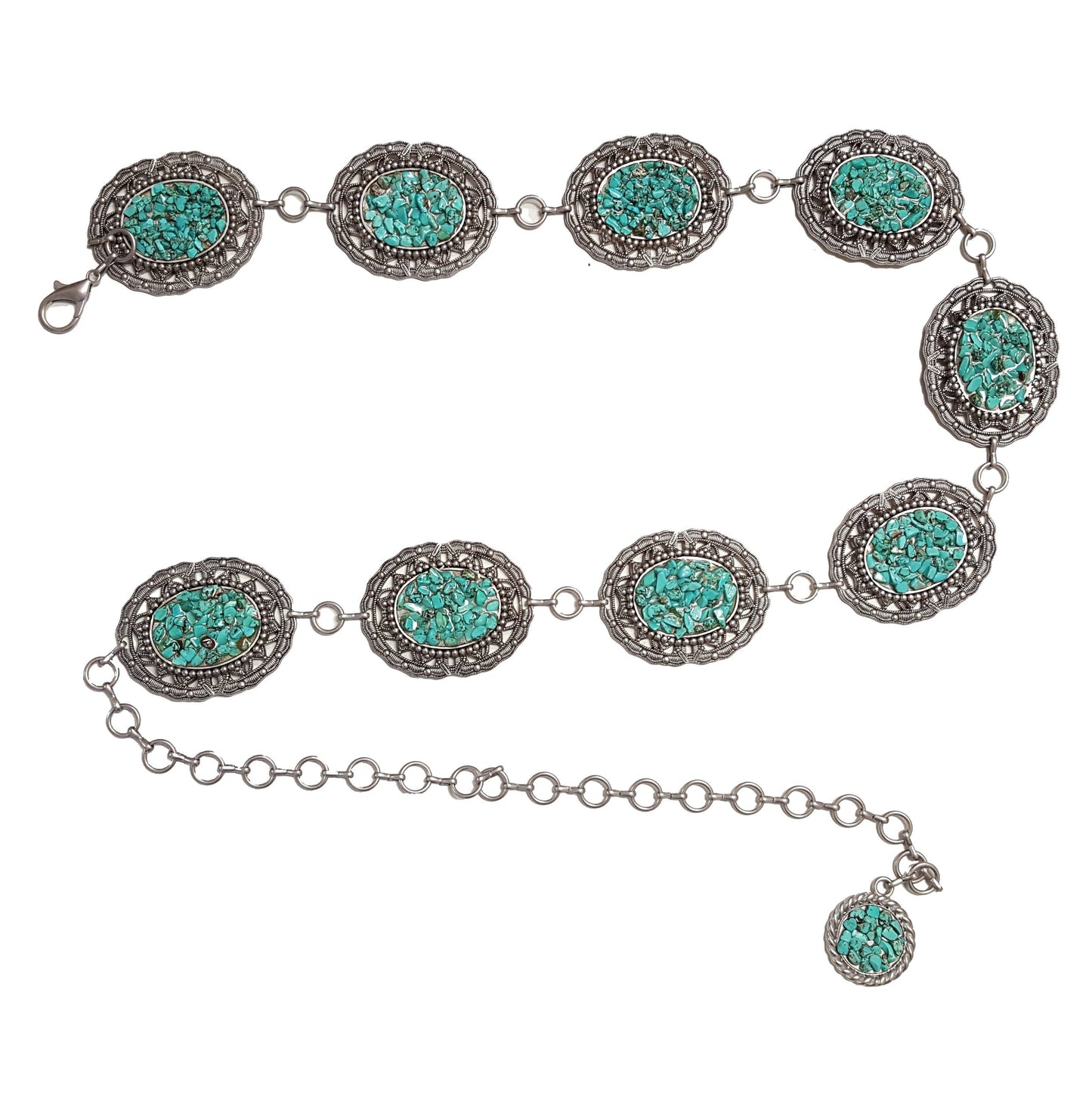 Western Style concho Silver Chain belt with chip stones