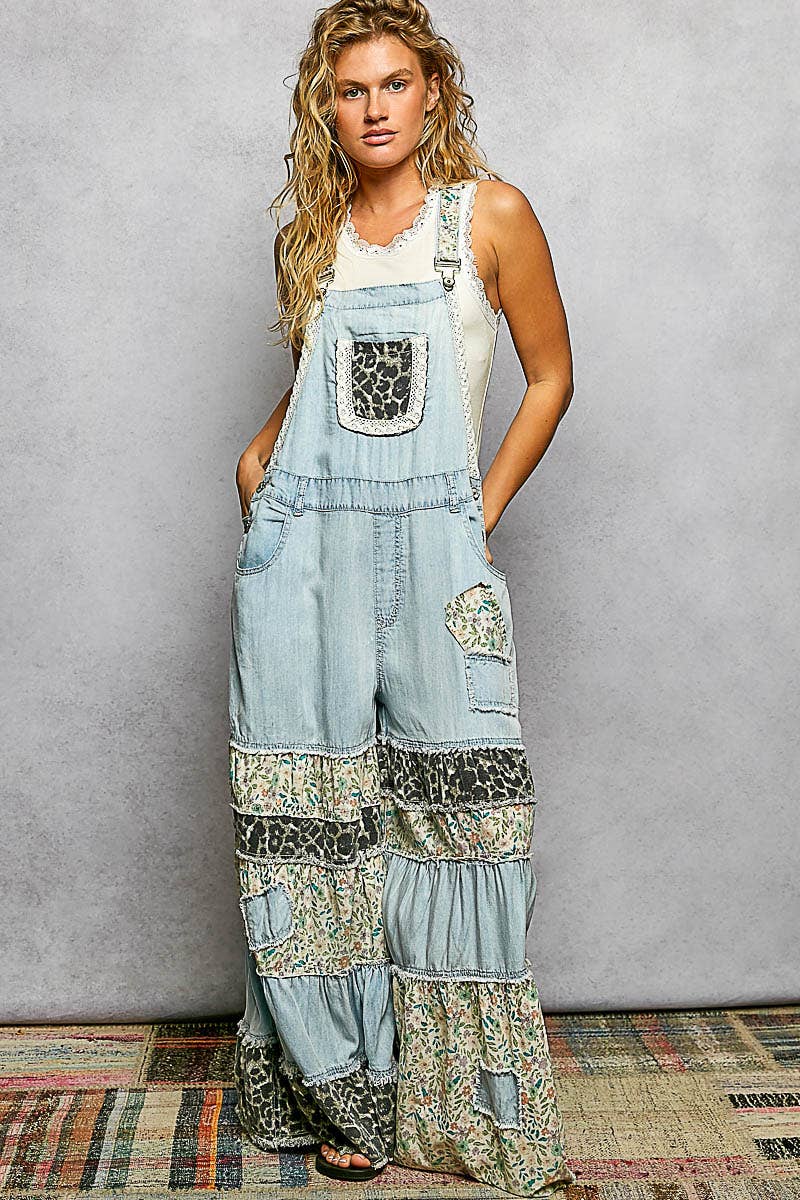 Mixed Media Ruffle Wide Leg Overall