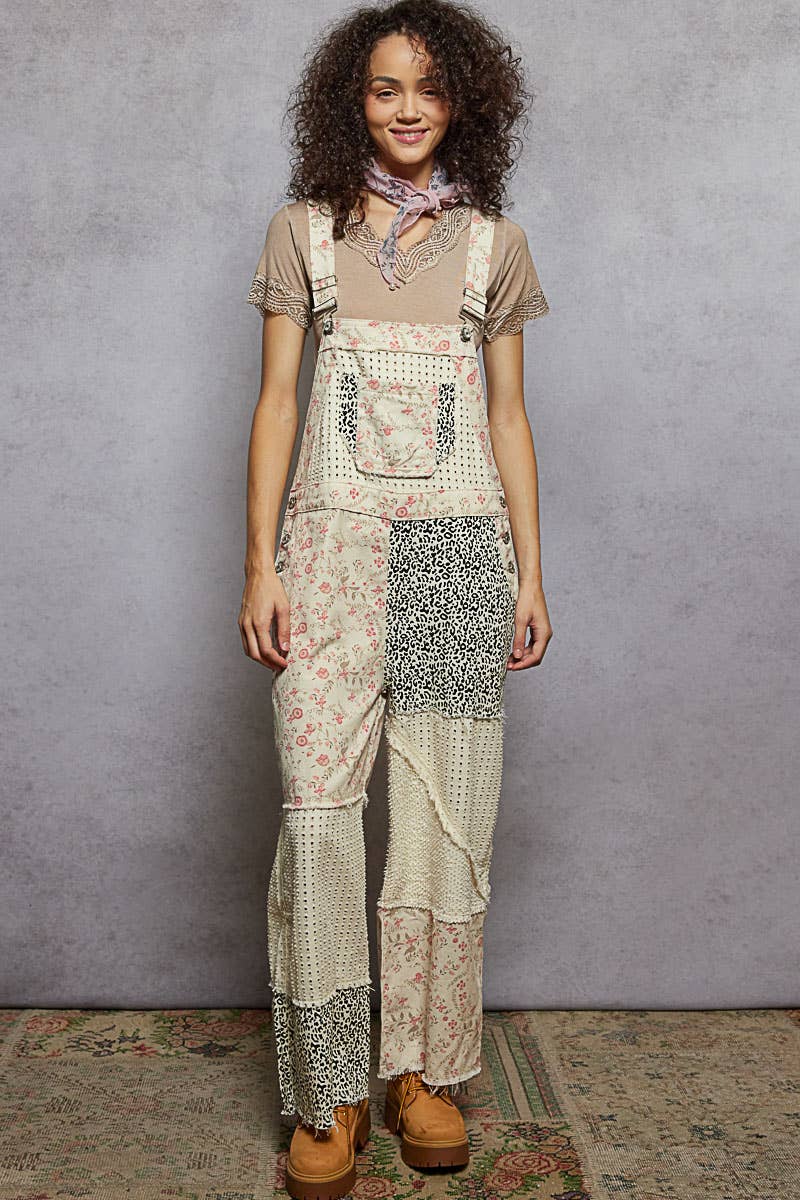 Animal Print & Floral Overalls, Cream