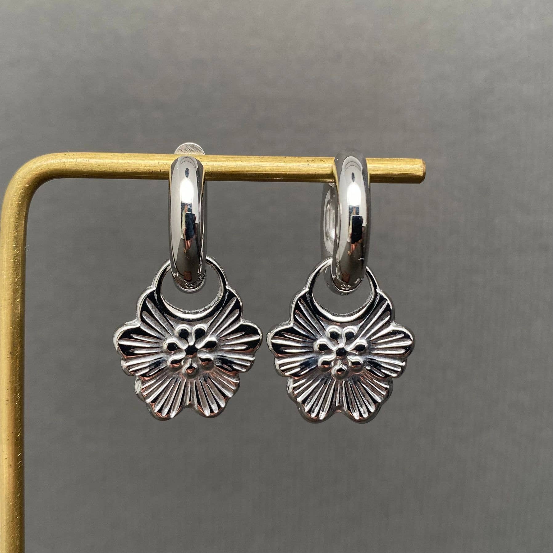 18K GP S. Steel Flower Huggie Earrings
