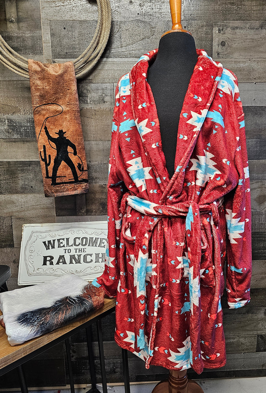 Burgundy Aztec Women's Western Bath Robe