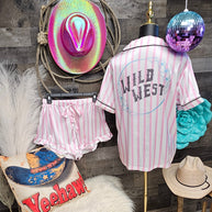 Baha Ranch Retro Pop Western Wild West Pink Pin Stripe Satin Pajamas