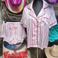 Baha Ranch Retro Pop Western Wild West Pink Pin Stripe Satin Pajamas