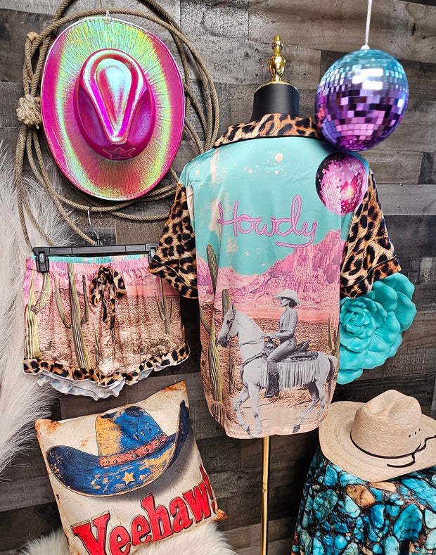 Baha Ranch Retro Pop Western Leopard Desert Cowgirl Satin Pajamas