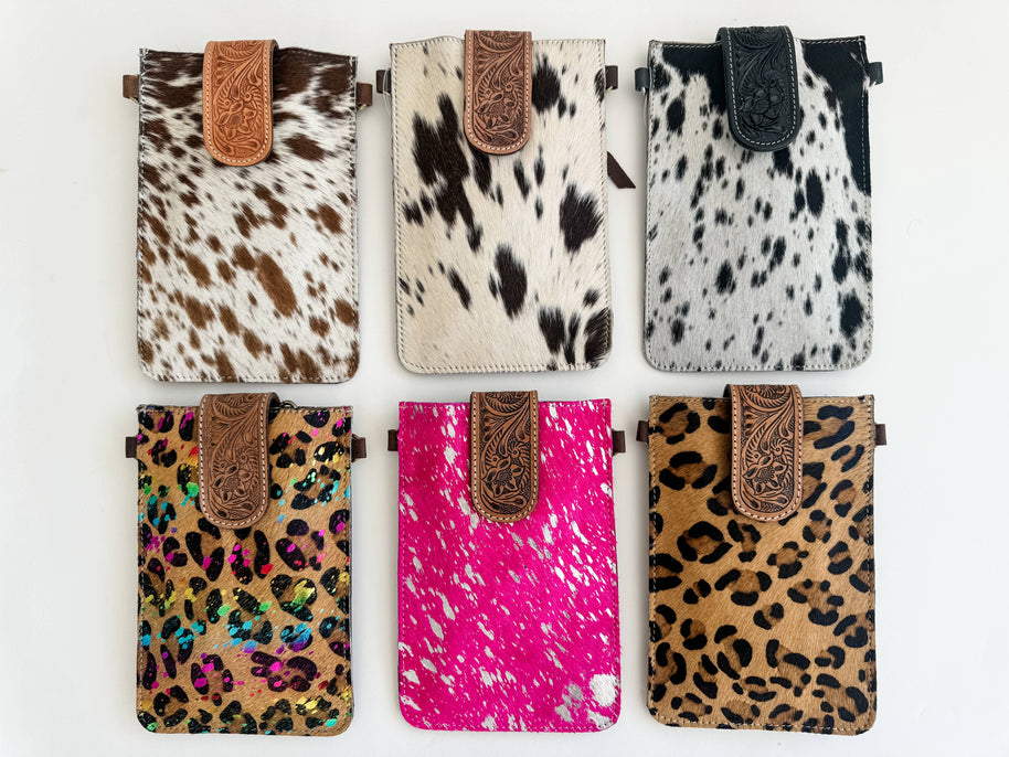 Western Tooled Leather Cowhide Mobile Pouch