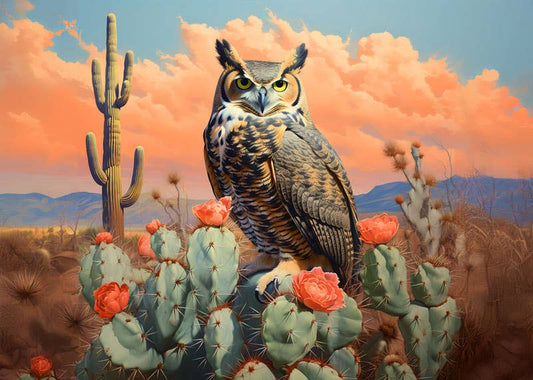 Great Horned Owl in the Desert 8"x10" Art Print with Matte