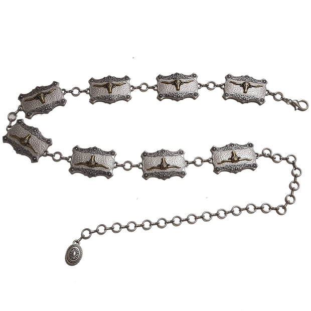 Plus Size:Western Long Horn Concho Metal Chain Silver/Brass
