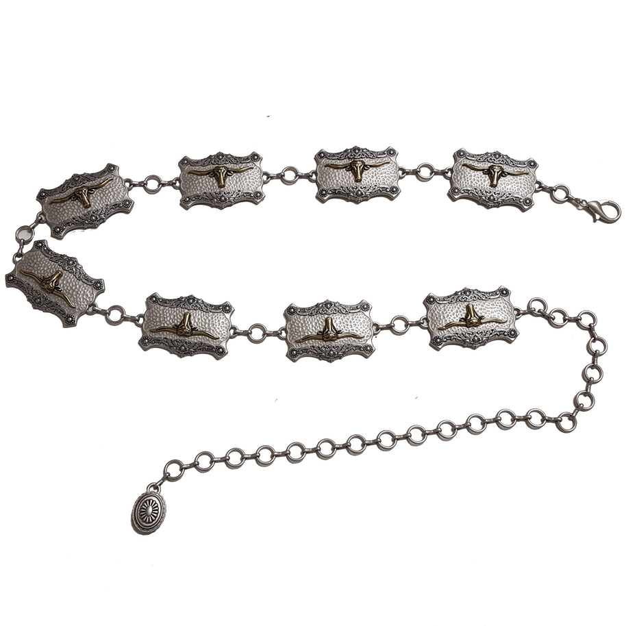 Plus Size:Western Long Horn Concho Metal Chain Silver/Brass