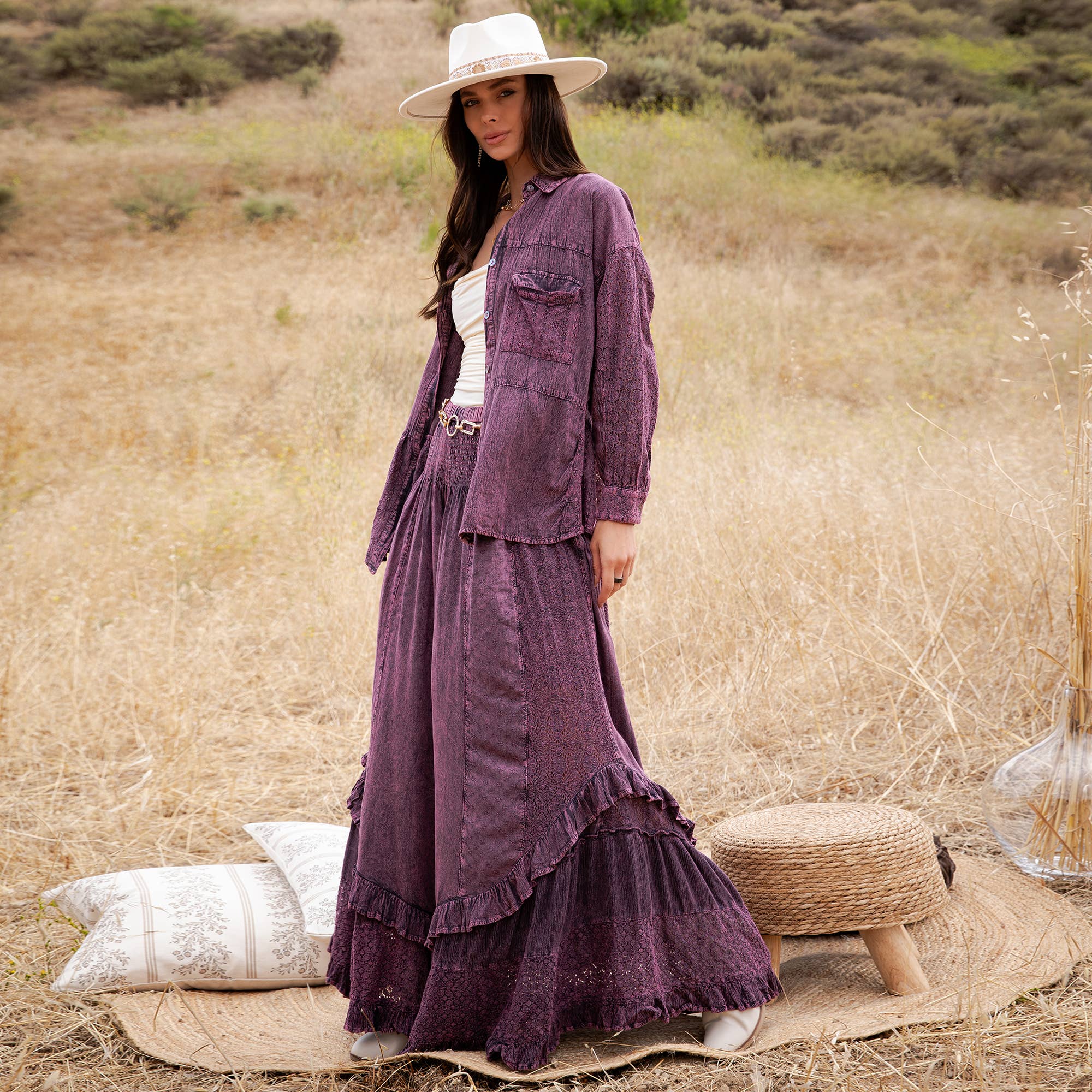 Mineral Wash Lace Tiered Ruffle Pants