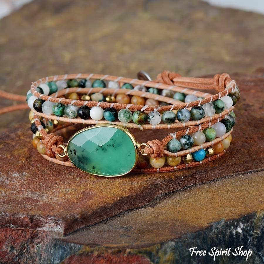 Green Jade & Jasper Wrap Bracelet, Boho Bead Bracelet