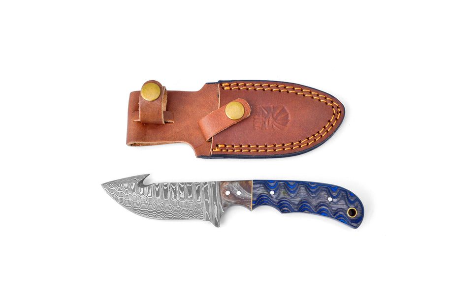 Damascus Steel Gut-hook & Skinning, Blue