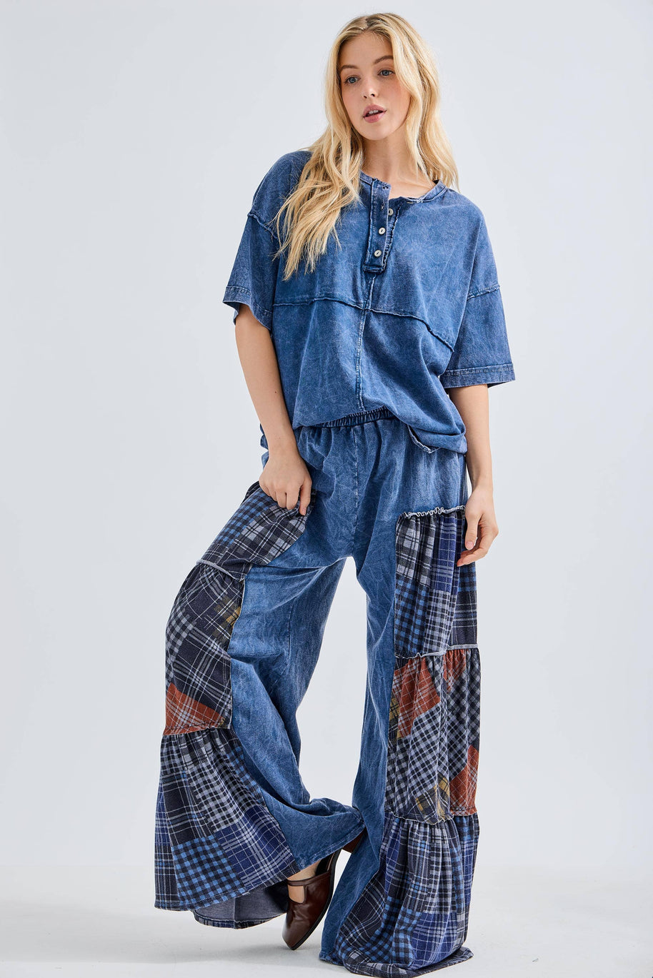 Mineral Washed Tiered Plaid Wide Flare pants HP6675