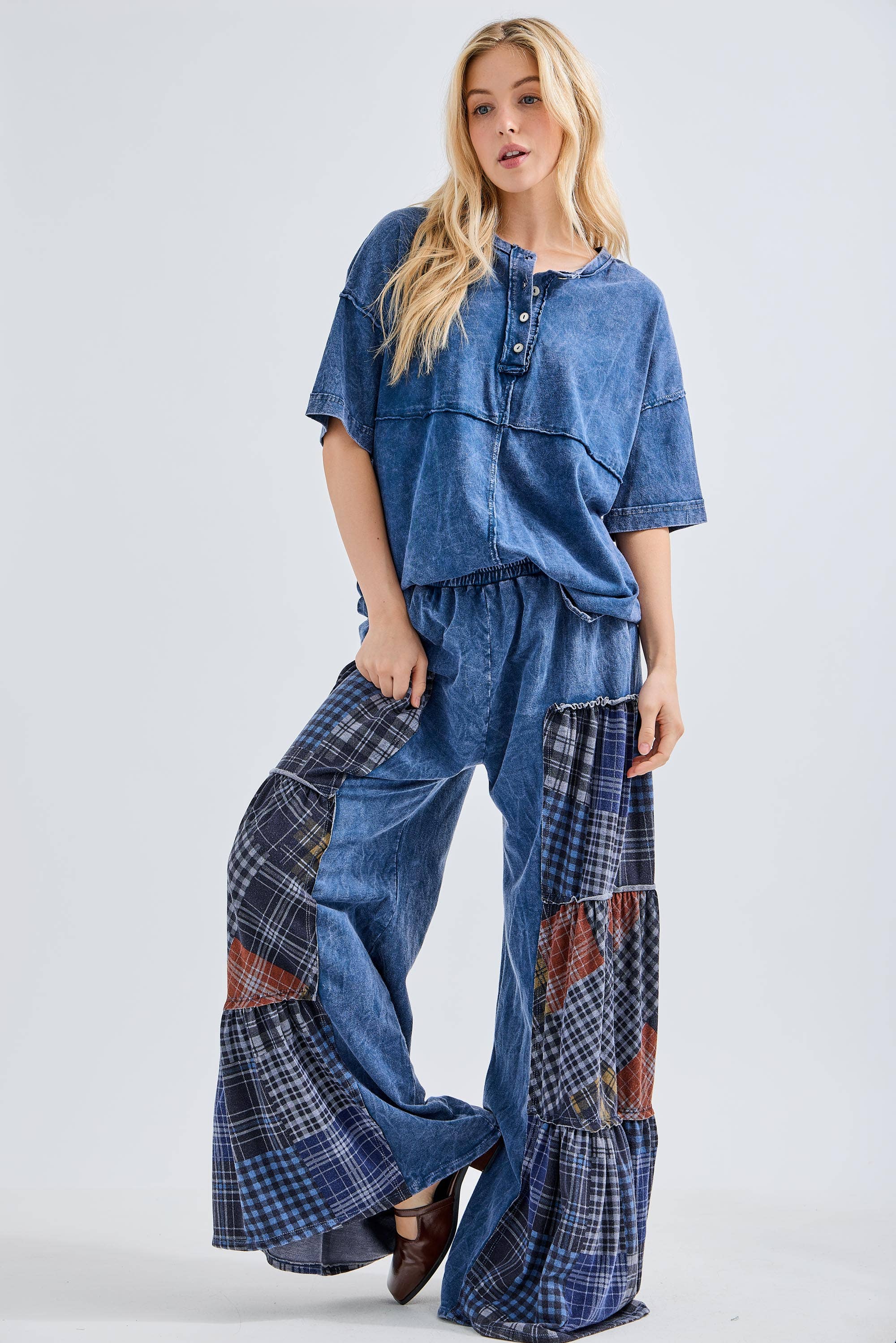 Mineral Washed Tiered Plaid Wide Flare pants HP6675