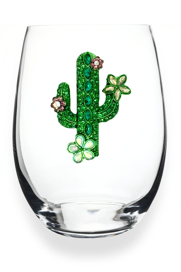 Cactus with Blooms Stemless Wine Glass