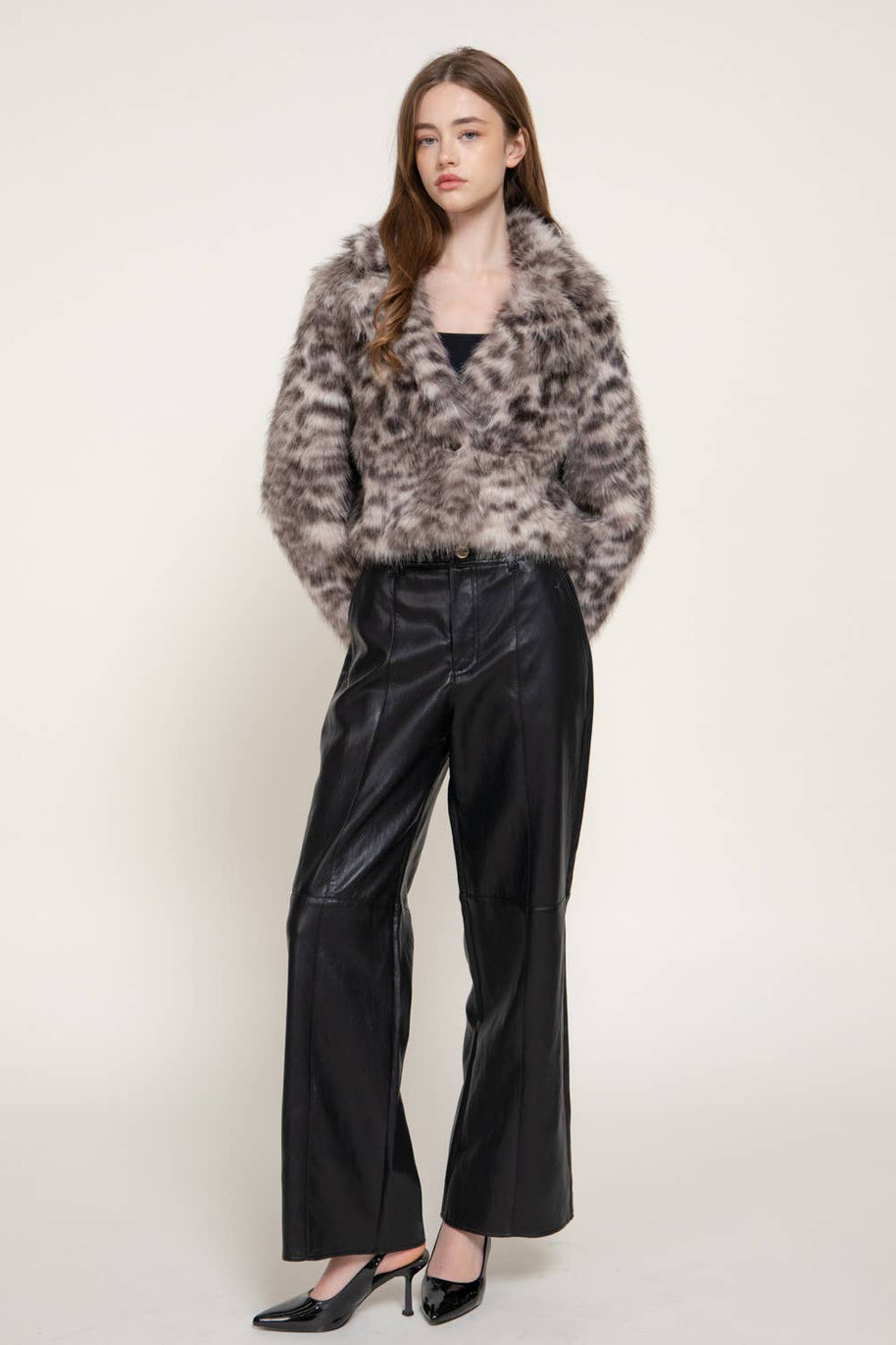 Long Sleeve Notched Collar Printed Faux Fur Jacket