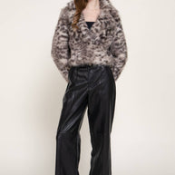 Long Sleeve Notched Collar Printed Faux Fur Jacket