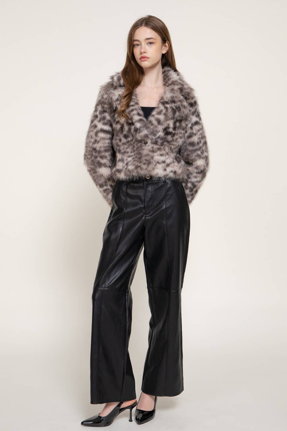 Long Sleeve Notched Collar Printed Faux Fur Jacket