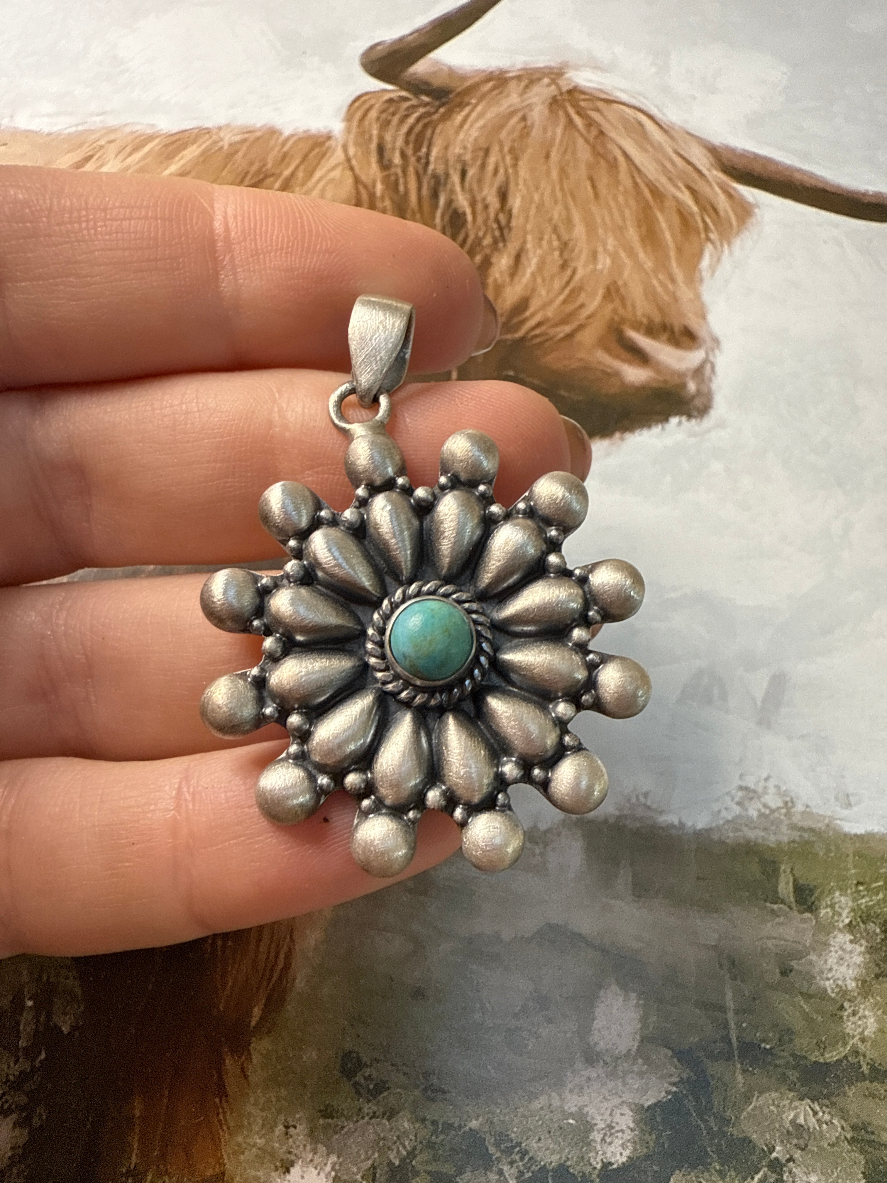Beautiful Handmade Sterling Silver & Turquoise Flower Pendant