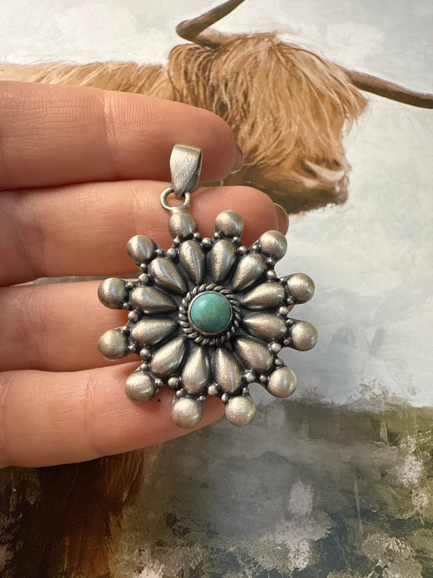 Beautiful Handmade Sterling Silver & Turquoise Flower Pendant