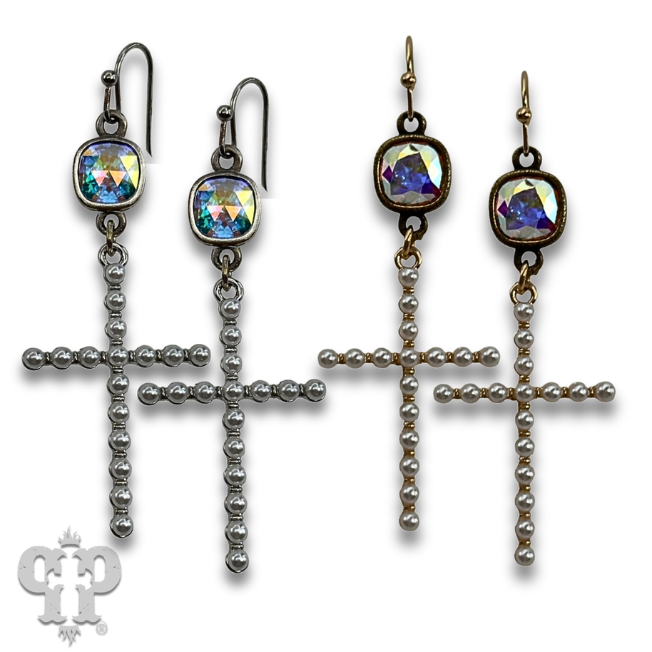 Pearl cross earring with European crystals