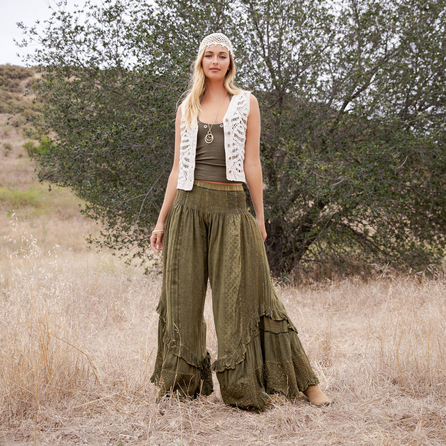 Mineral Wash Lace Tiered Ruffle Pants