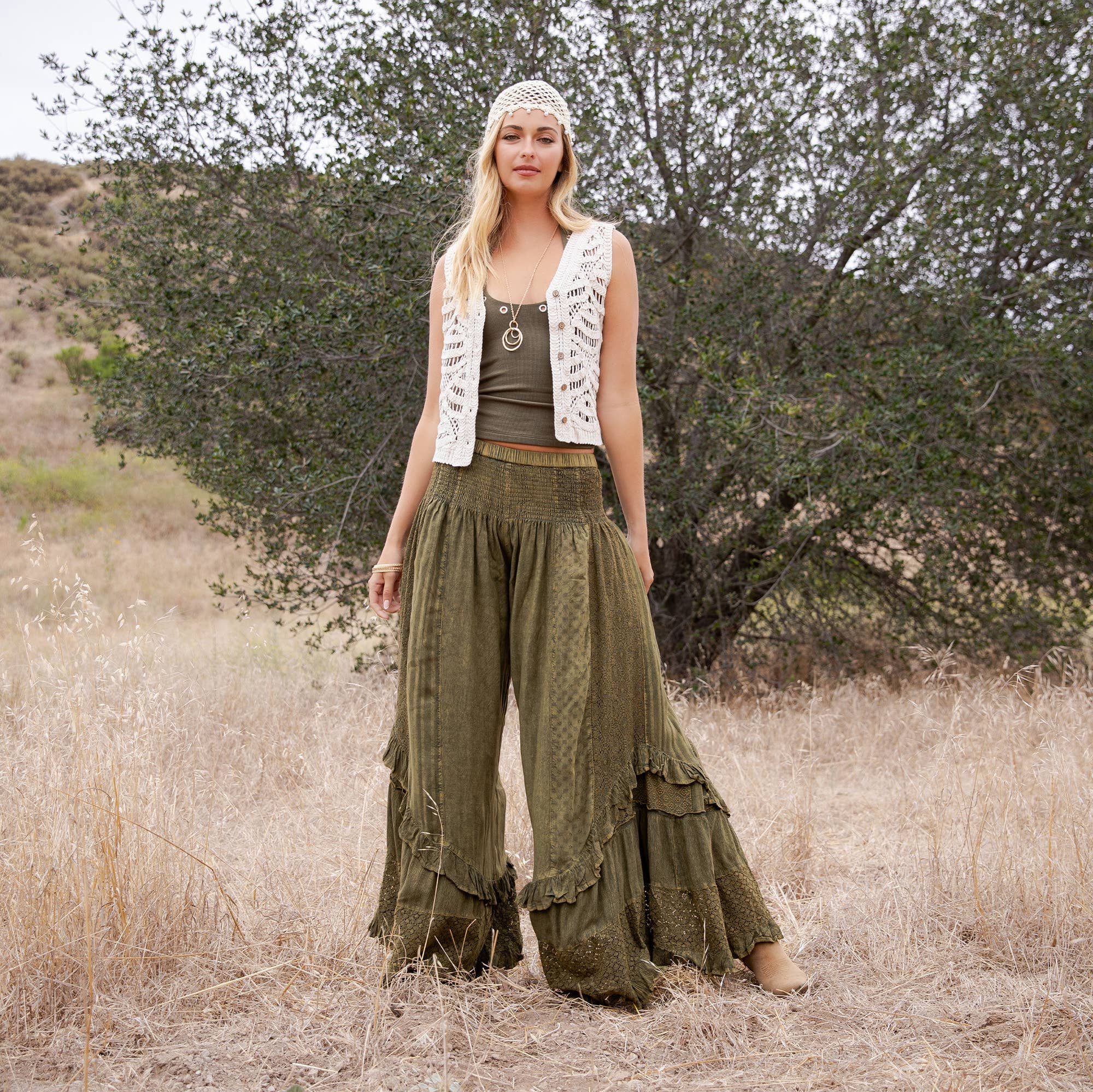 Mineral Wash Lace Tiered Ruffle Pants