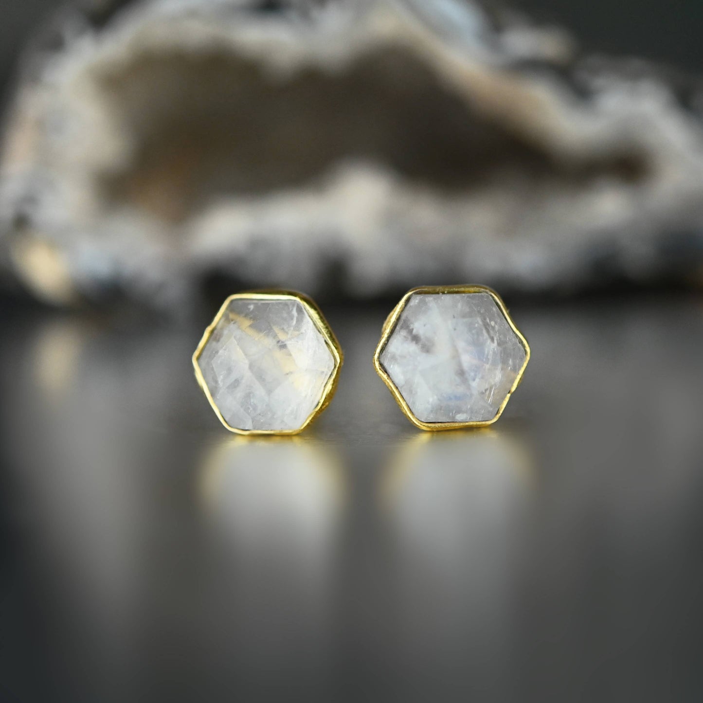 Semi Precious Hexagon Gemstone Studs (8mm gold)