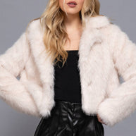Long Sleeve Notched Collar Faux Fur Cropped Jacket