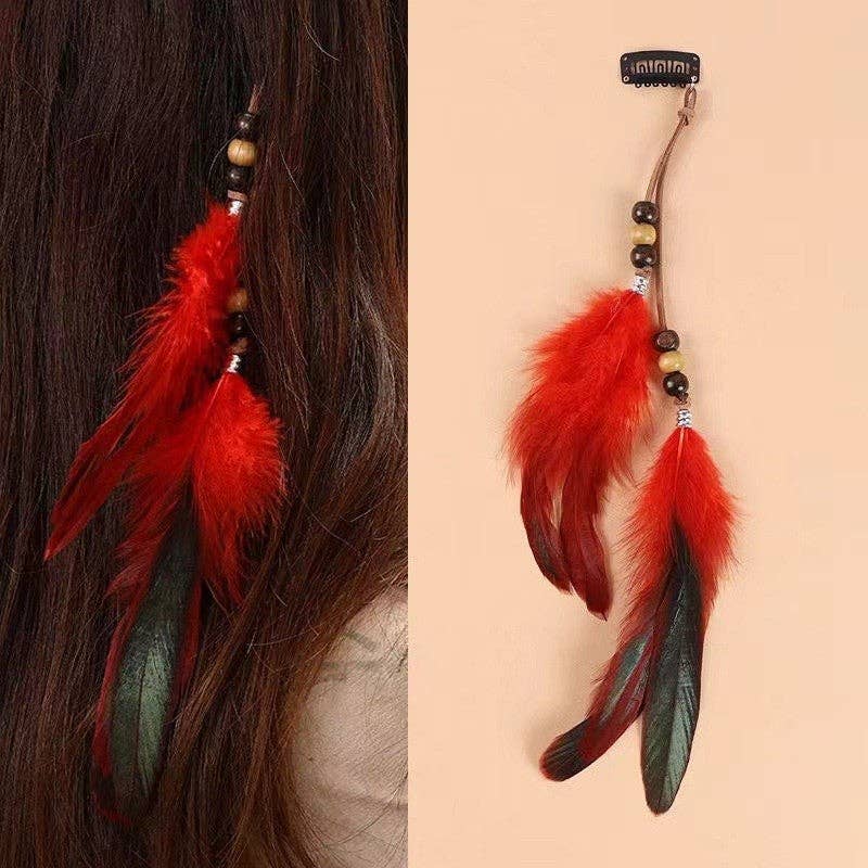 Long Beaded Feather Tassel Hair Clip