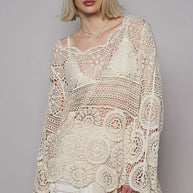 Round Neck Long Sleeve Elongated Crochet Top